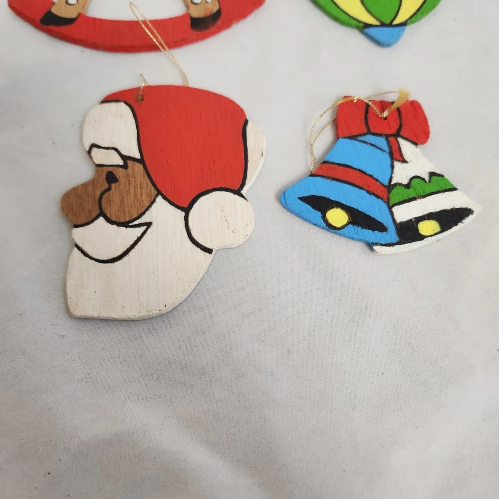 12 Flat Wooden Christmas Ornaments Vtg Bears Kids
